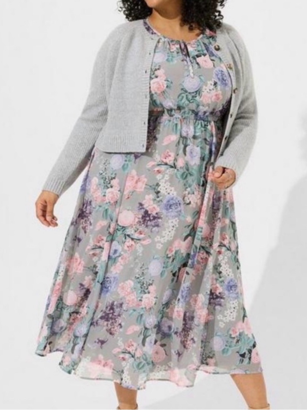 Torrid Midi Dress in Gray with Pastel Blooms